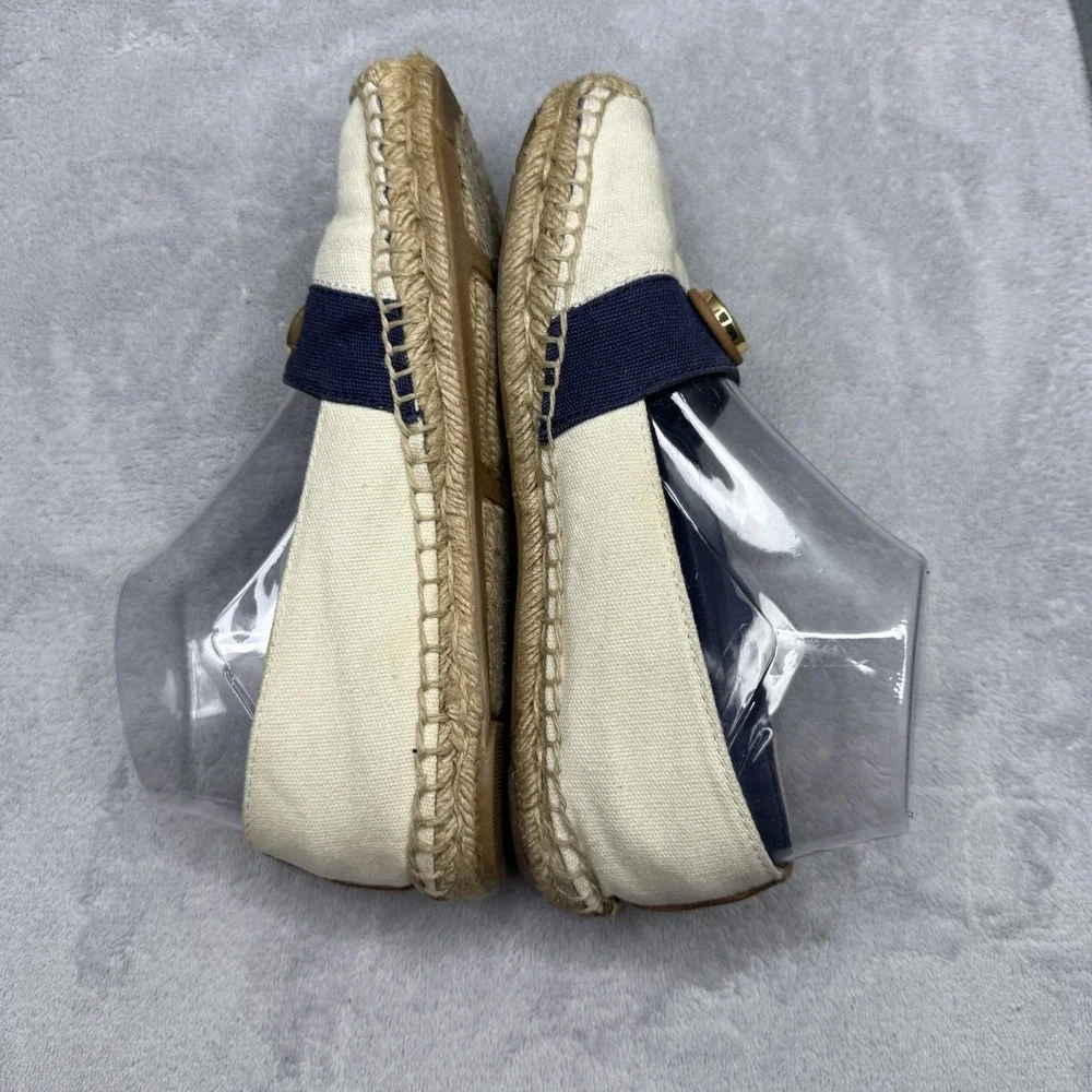 Tory Burch Beacher Espadrille Flats Ivory Navy Gold Logo Women's Size 7M